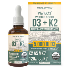 Triquetra Health organic plant D3 + K2 drops bottle for daily wellness.