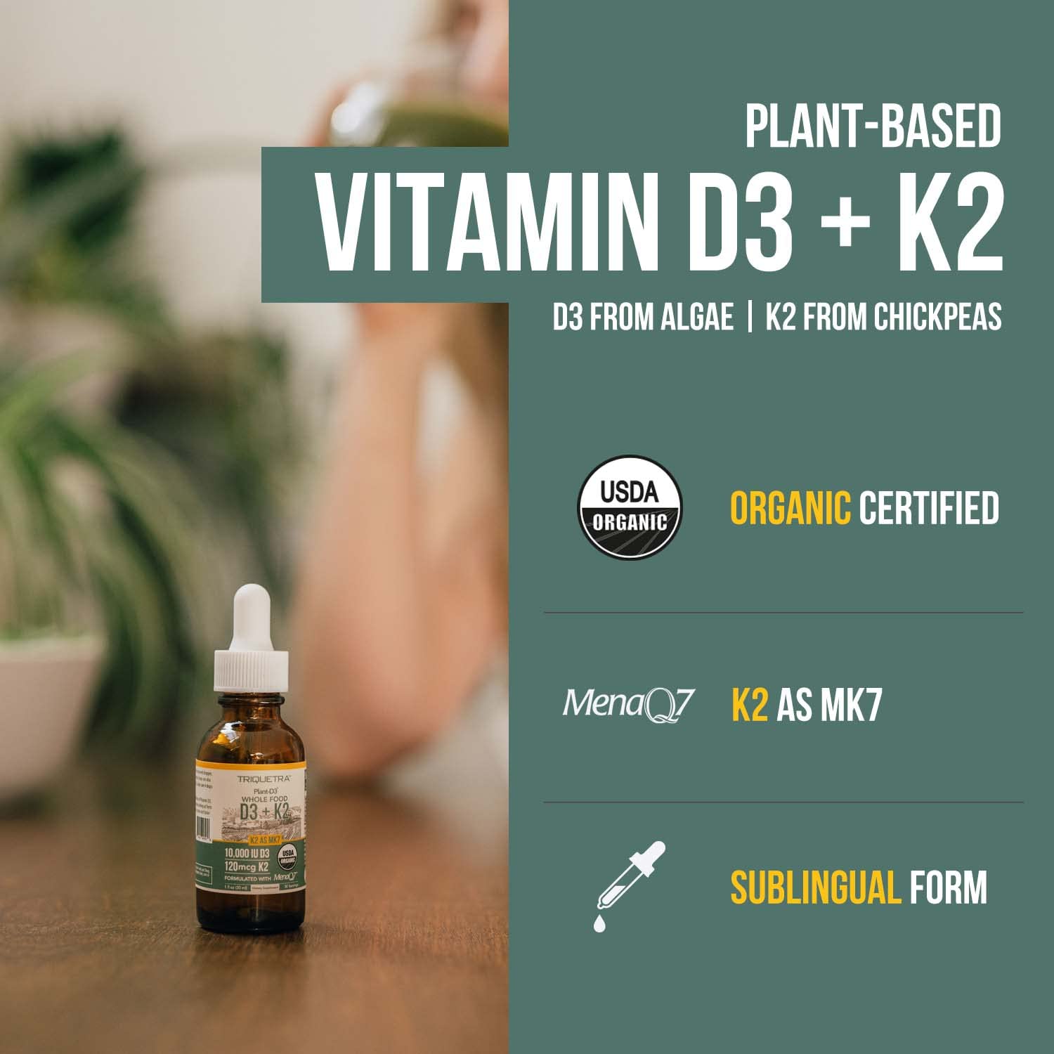 Sublingual D3 + K2 drops being dispensed for quick absorption.