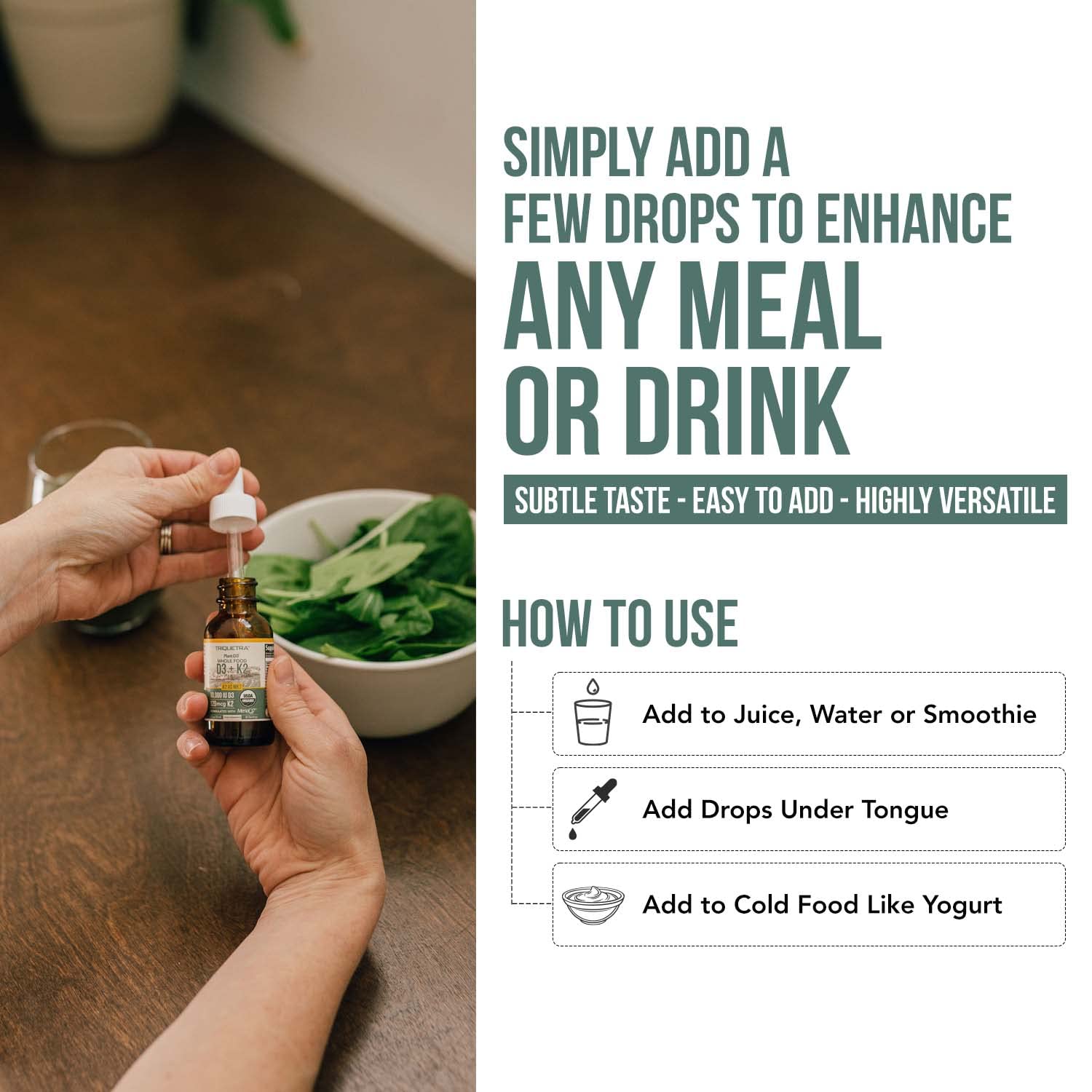 Sun-grown algae-based D3 source highlighting plant-based origin.
