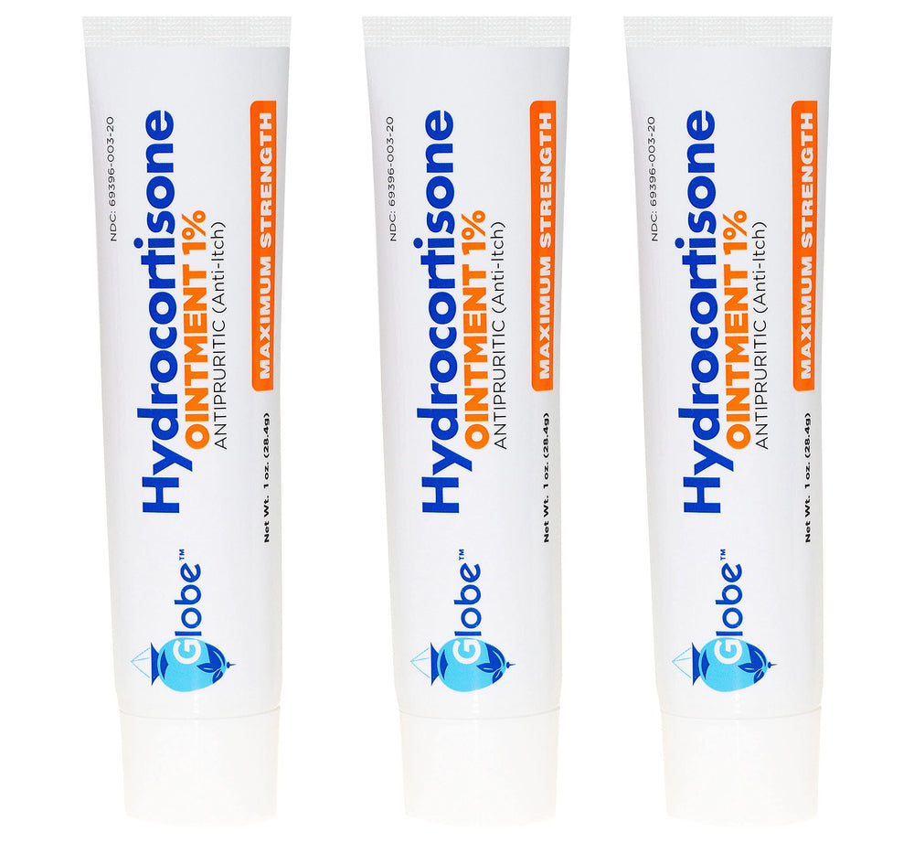 Trifecta Globe Hydrocortisone Ointment tube closeup for itch relief.