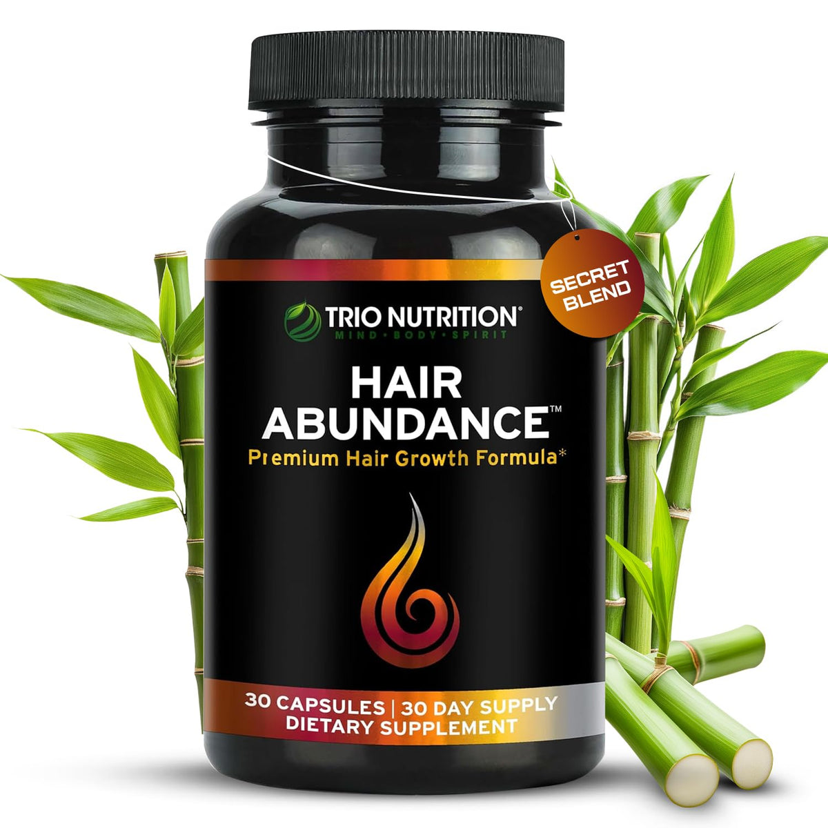 TRIO NUTRITION Hair Abundance bottle close-up supports daily hair growth goals.