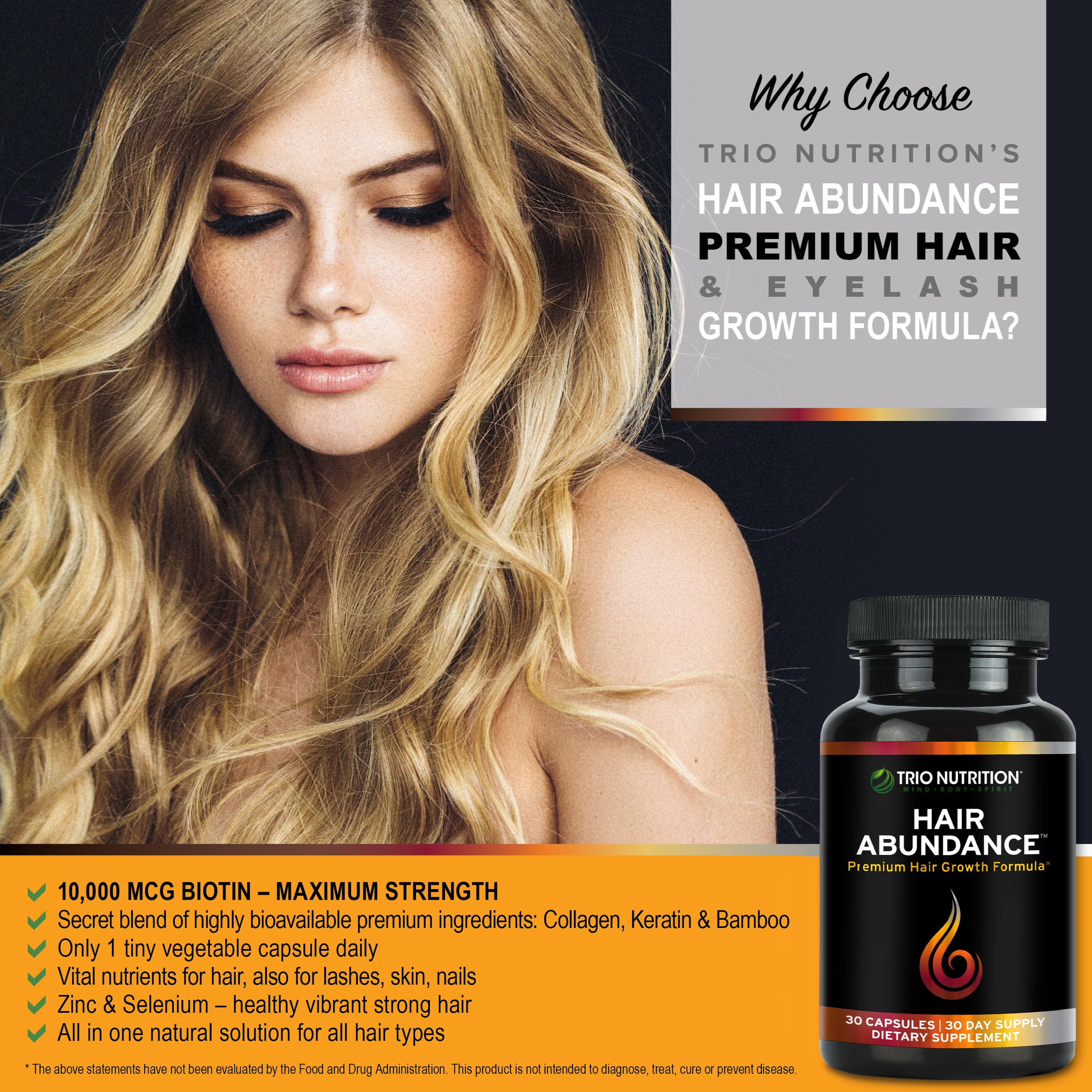 TRIO NUTRITION Hair Abundance capsules close-up highlights collagen and biotin benefits.