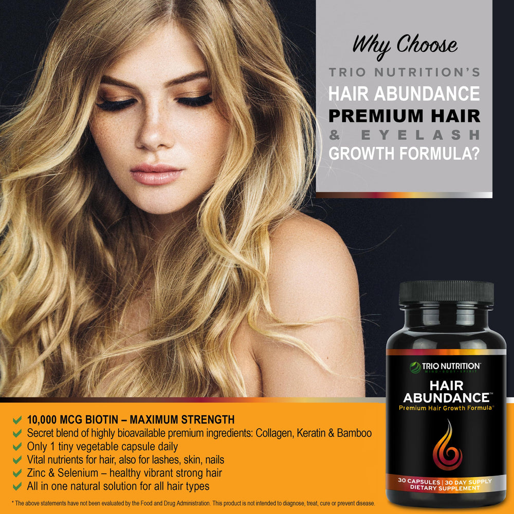 TRIO NUTRITION Hair Abundance capsules close-up highlights collagen and biotin benefits.