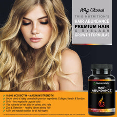 TRIO NUTRITION Hair Abundance capsules close-up highlights collagen and biotin benefits.