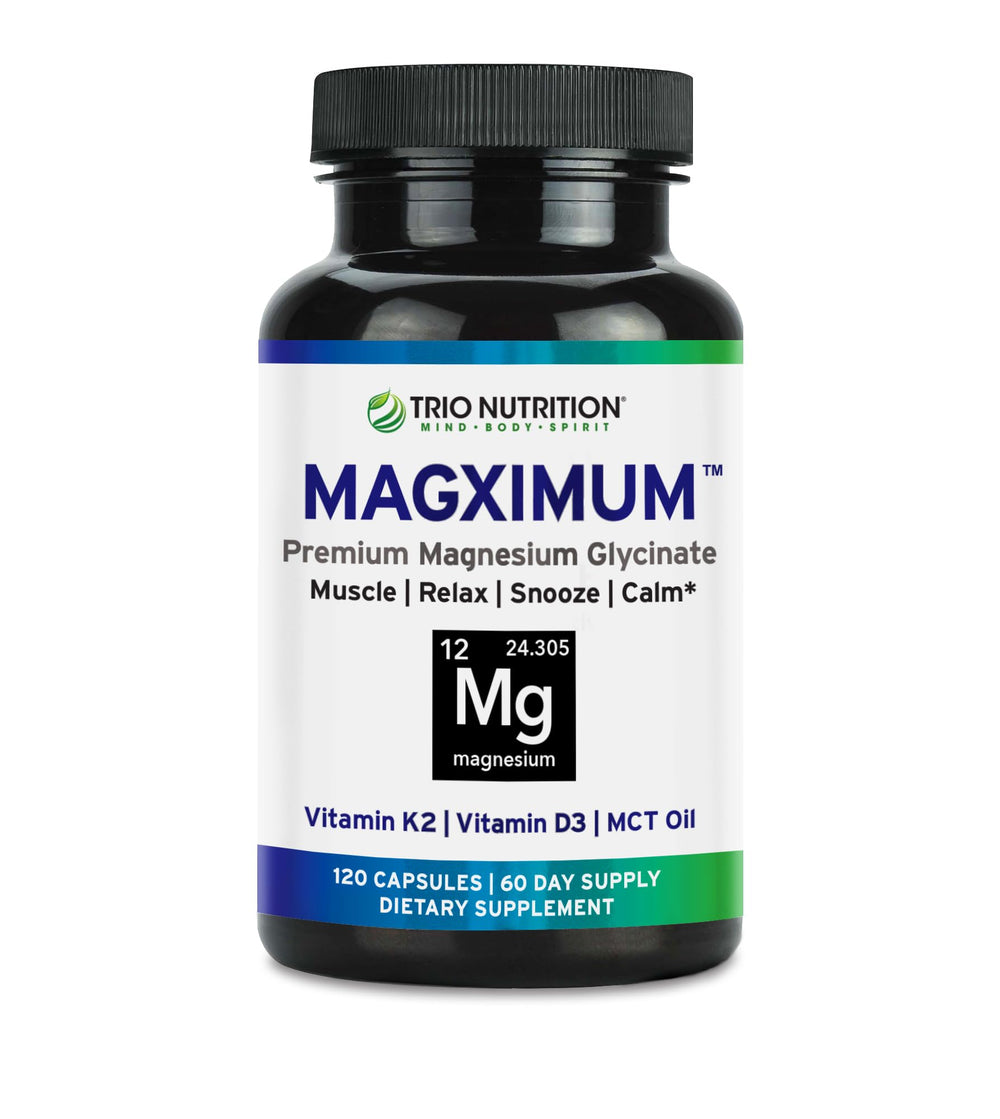 TRIO NUTRITION MagXimum bottle on a counter for daily wellness and calm.