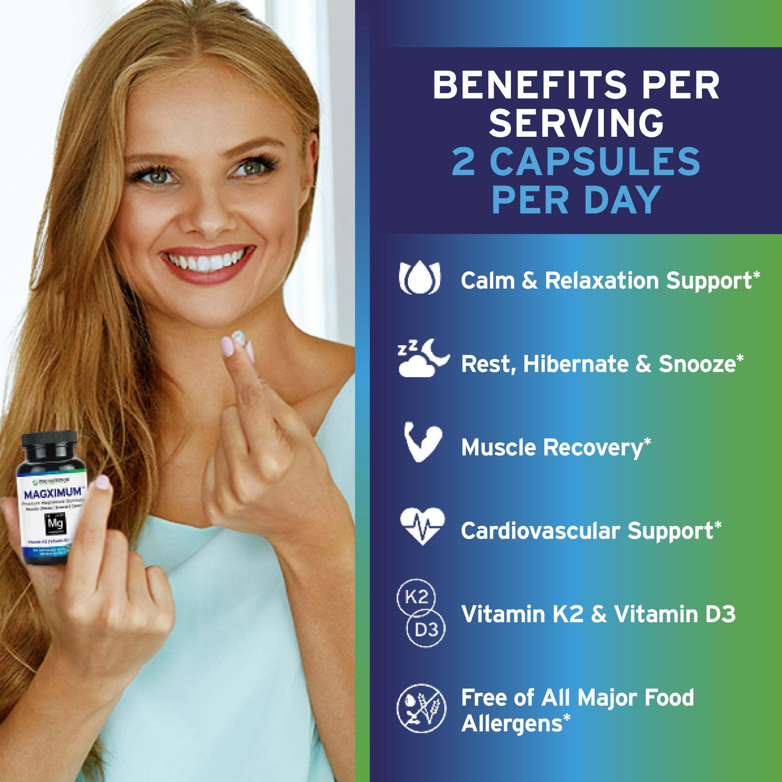 MagXimum label highlighting magnesium, D3, K2, and MCT oil ingredients.