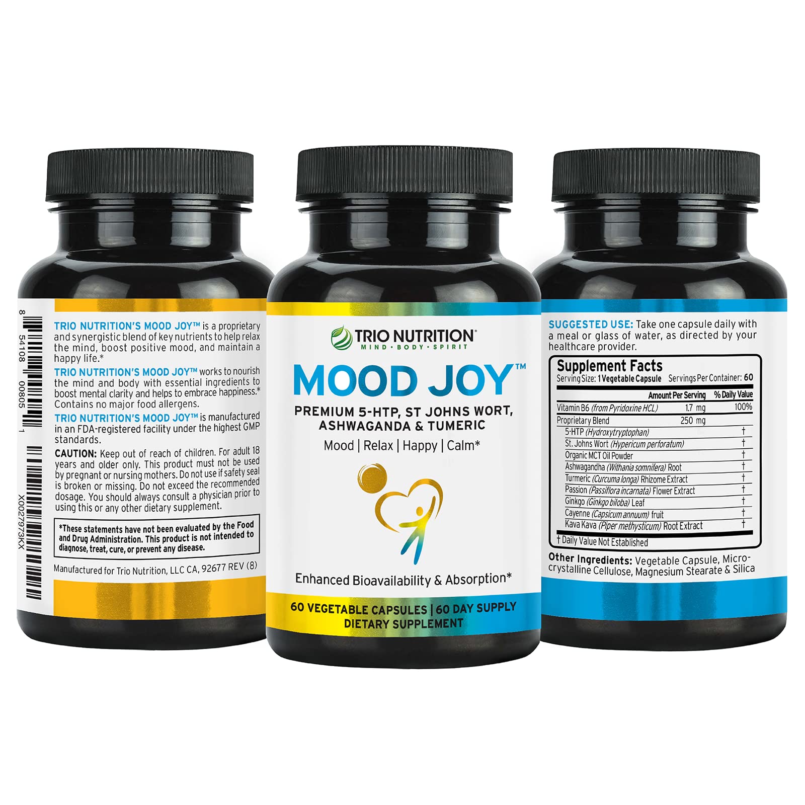 TRIO NUTRITION Trio Mood Joy close-up bottle highlighting fast-absorbing capsules