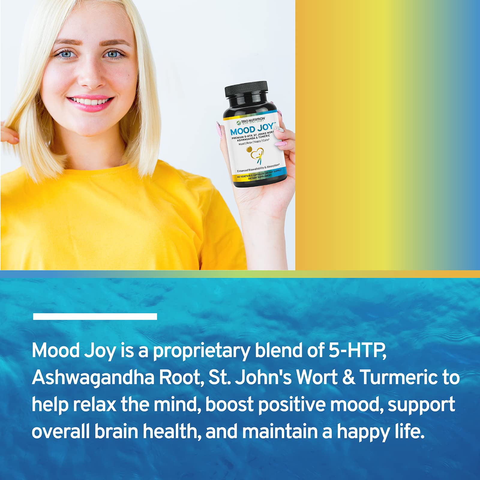 TRIO NUTRITION Trio Mood Joy ingredients list including 5-HTP and Ashwaganda