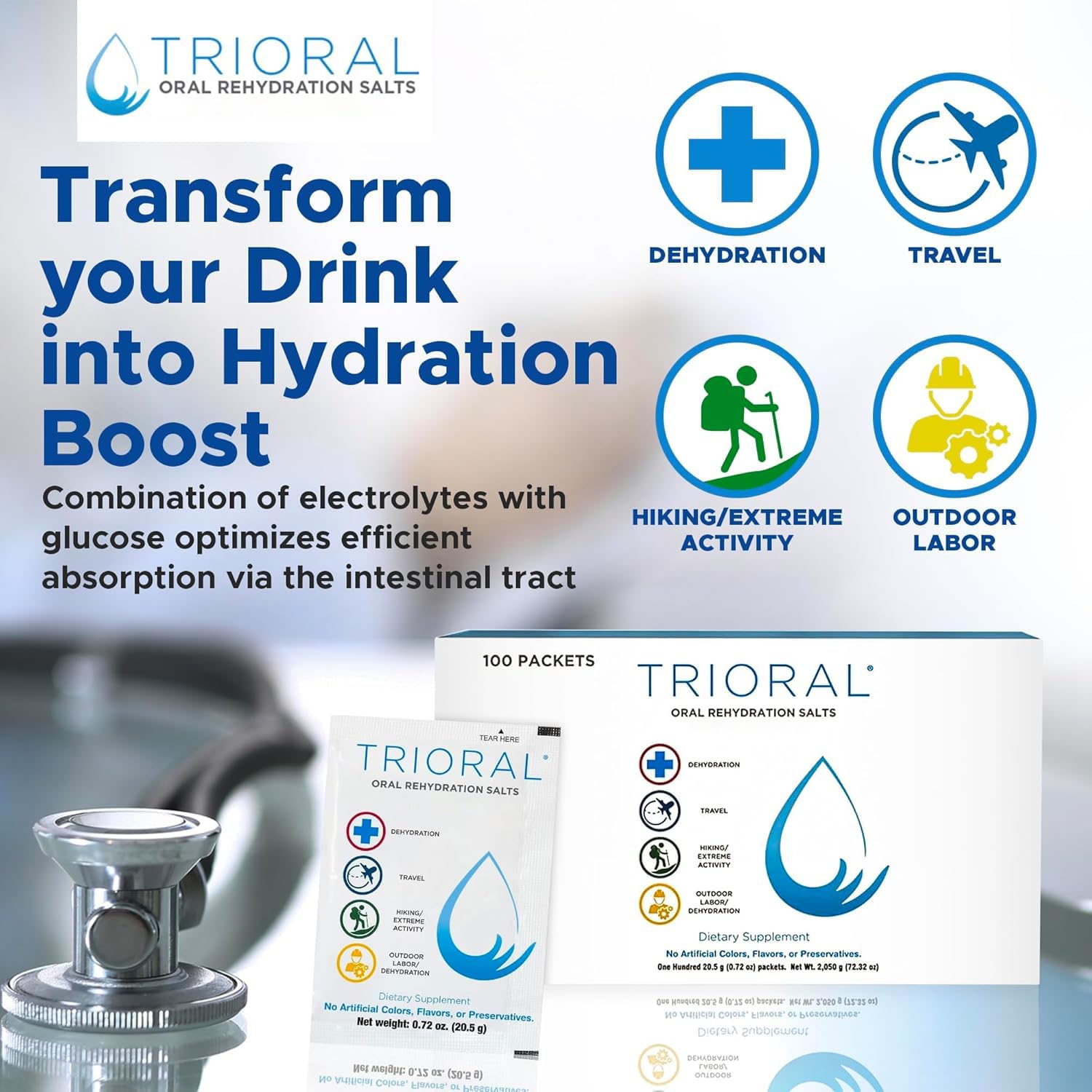 TRIORAL unflavored formula provides clean hydration without additives.