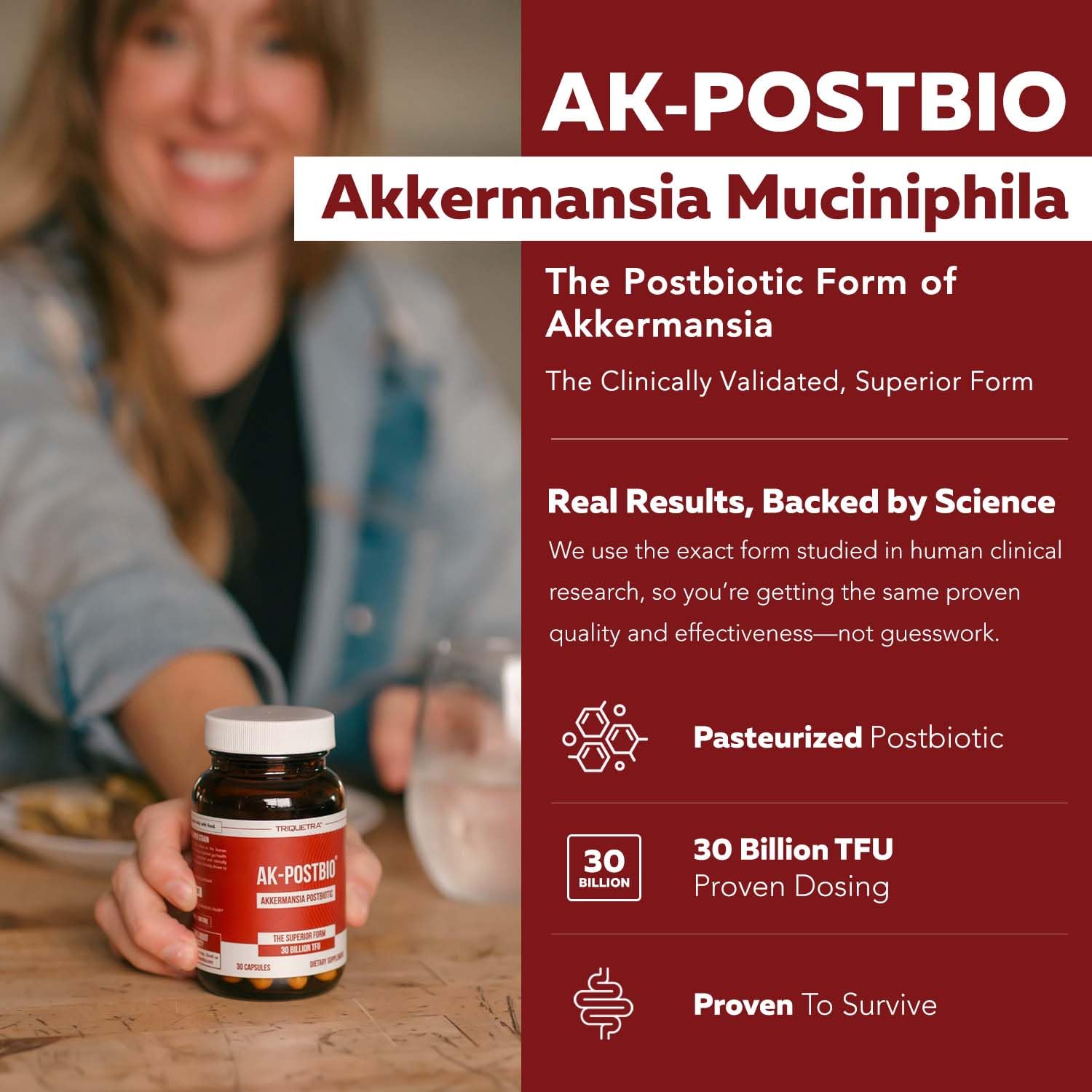 Triquetra AK-Postbio bottle label highlights 30B TFU dosage
