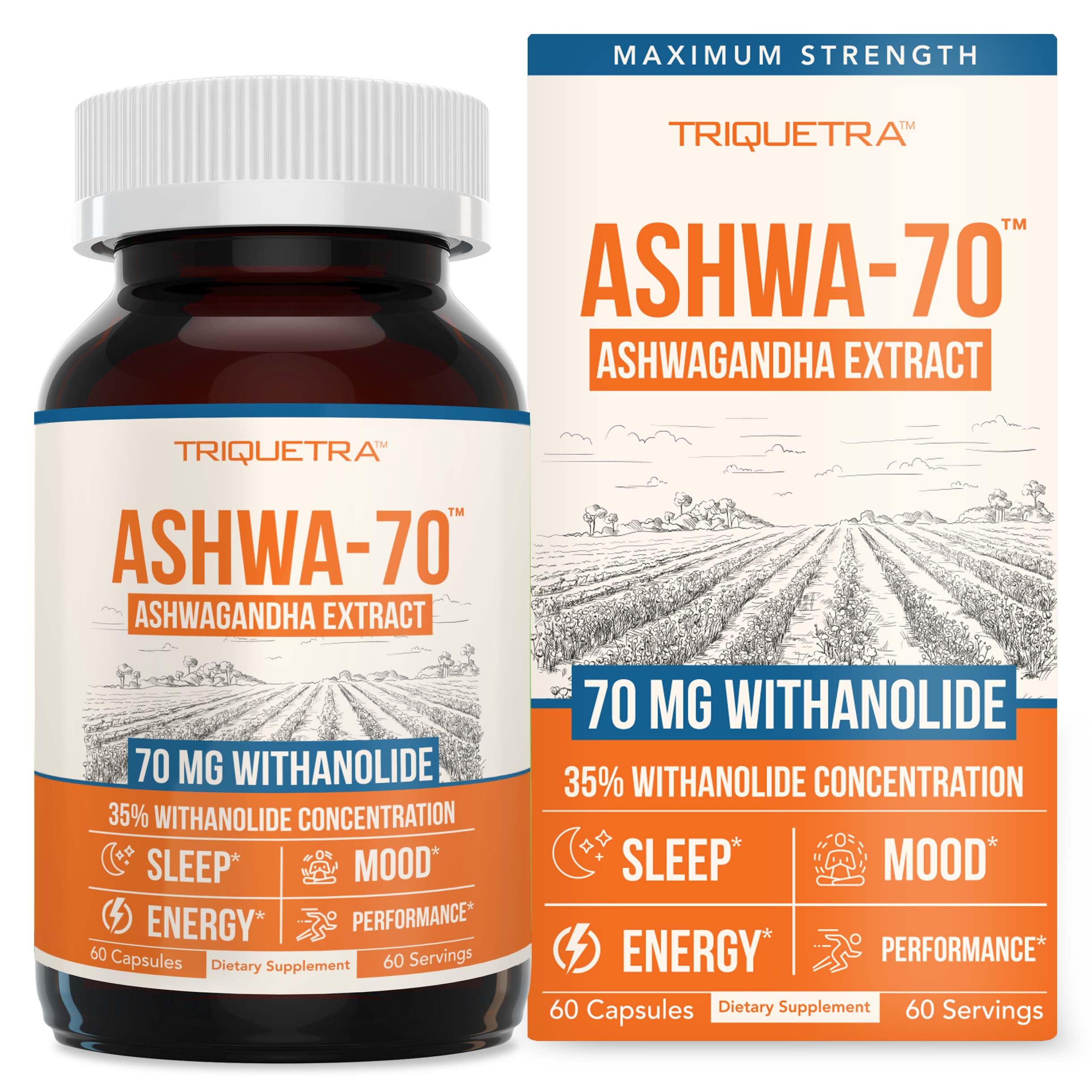 Triquetra Ashwa-70 bottle front highlights max strength ashwagandha for mood and performance.