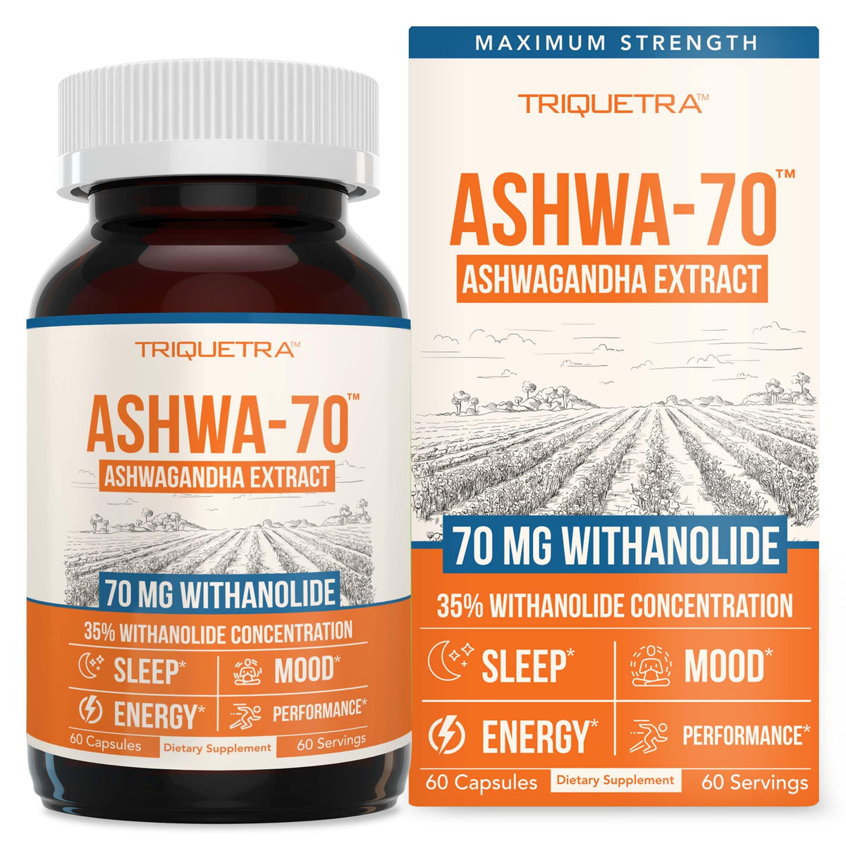 Triquetra Ashwa-70 bottle front highlights max strength ashwagandha for mood and performance.