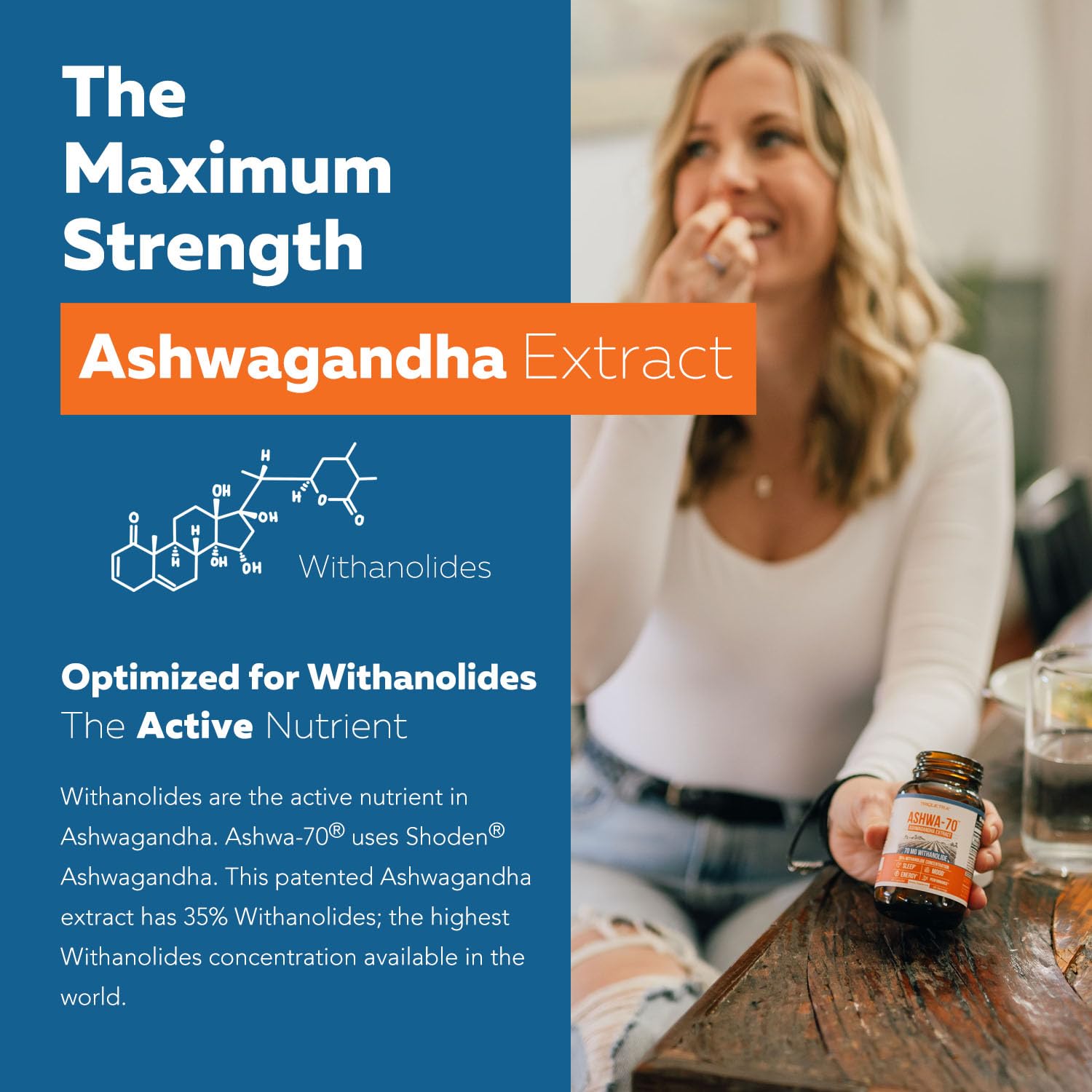 Close-up of the Ashwa-70 label shows 35% withanolides and BioPerine for absorption.