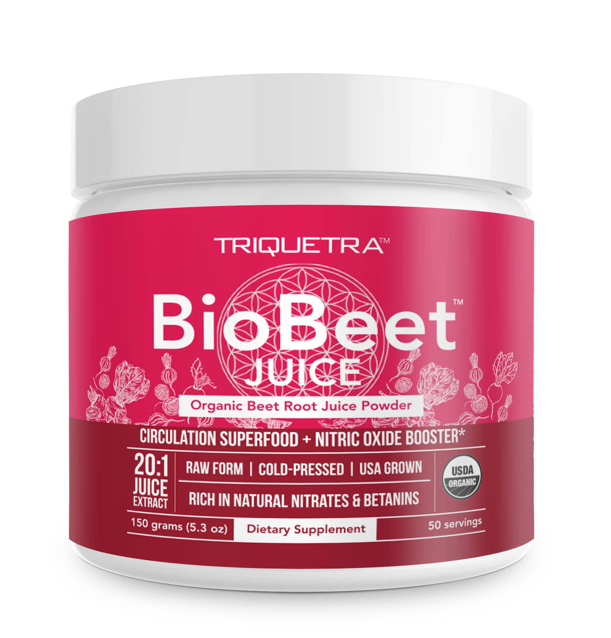 Triquetra BioBeet Max bottle label highlighting 20x beet concentrate for energy support.