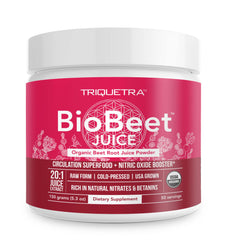 Triquetra BioBeet Max bottle label highlighting 20x beet concentrate for energy support.