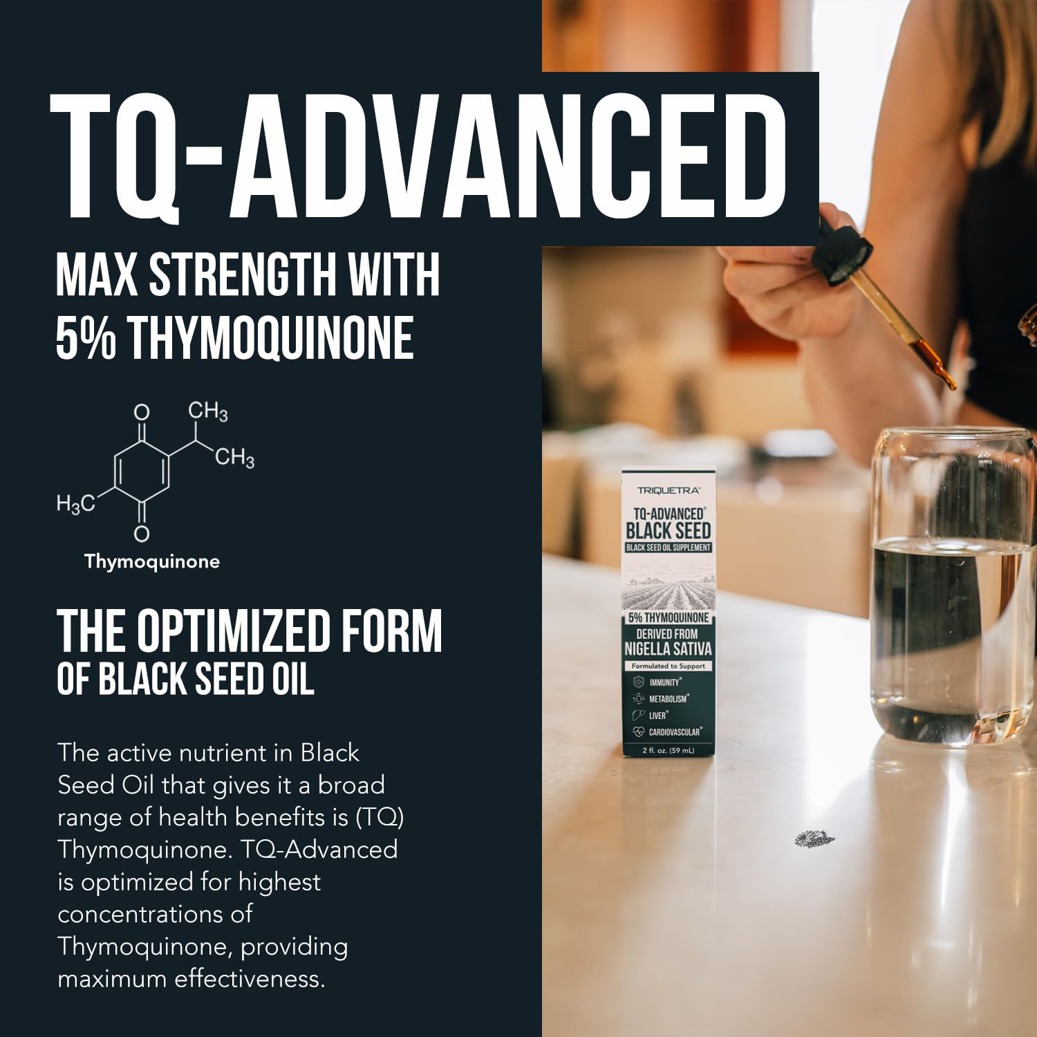 Triquetra Health 5% Thymoquinone label close-up highlighting potency