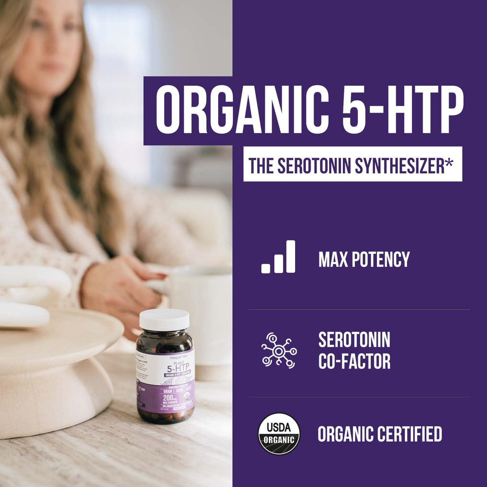 Triquetra Health 5-HTP 200mg capsules close-up highlights pure potency for mood.