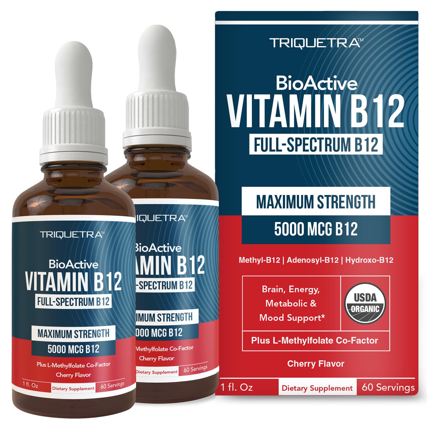 Triquetra Health B12 bottle showing 5000 mcg formula for potential energy support.