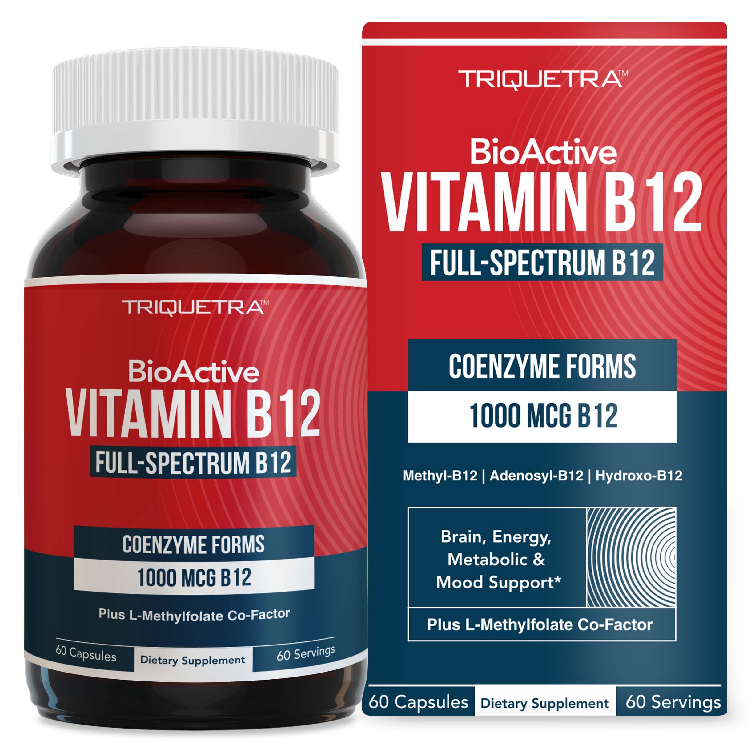 Triquetra Health BioActive B12 bottle front showing 1000 mcg potency for daily energy support.