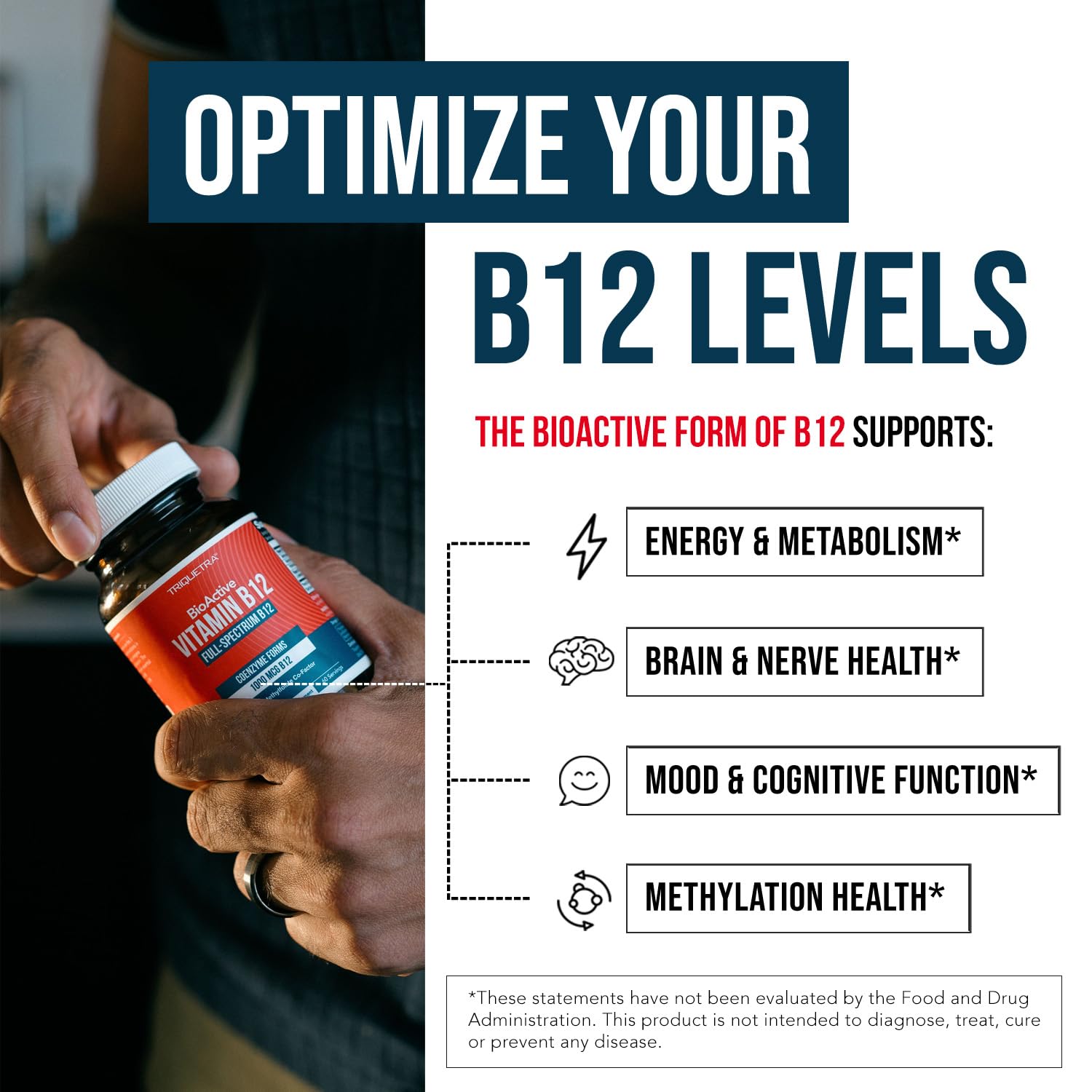 Triquetra Health B12 bottle side view with vegan, non-GMO formula.