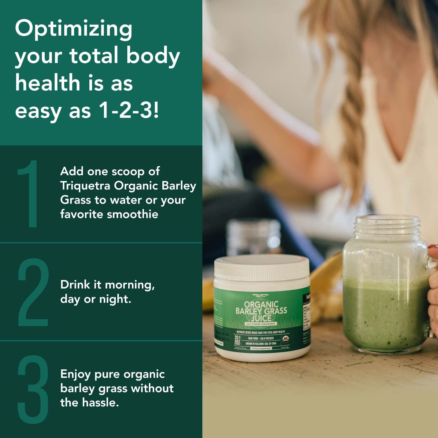 Vegan and non GMO badge on Triquetra Health barley grass powder packaging