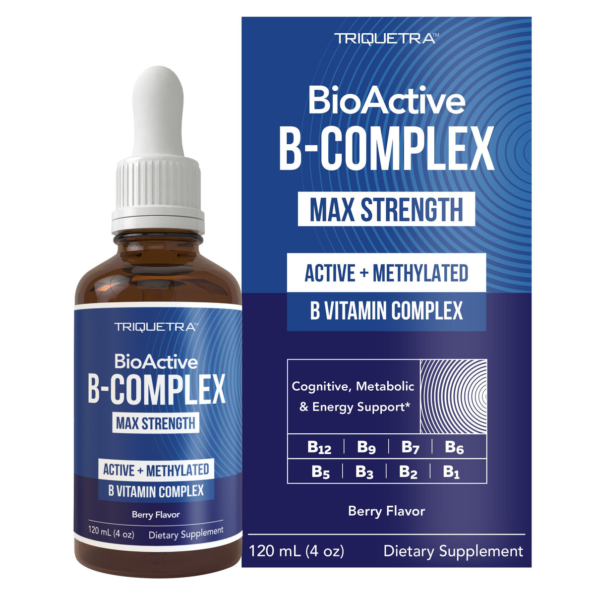 Triquetra Health BioActive B Complex bottle highlights bloodstream-ready vitamins for energy support.