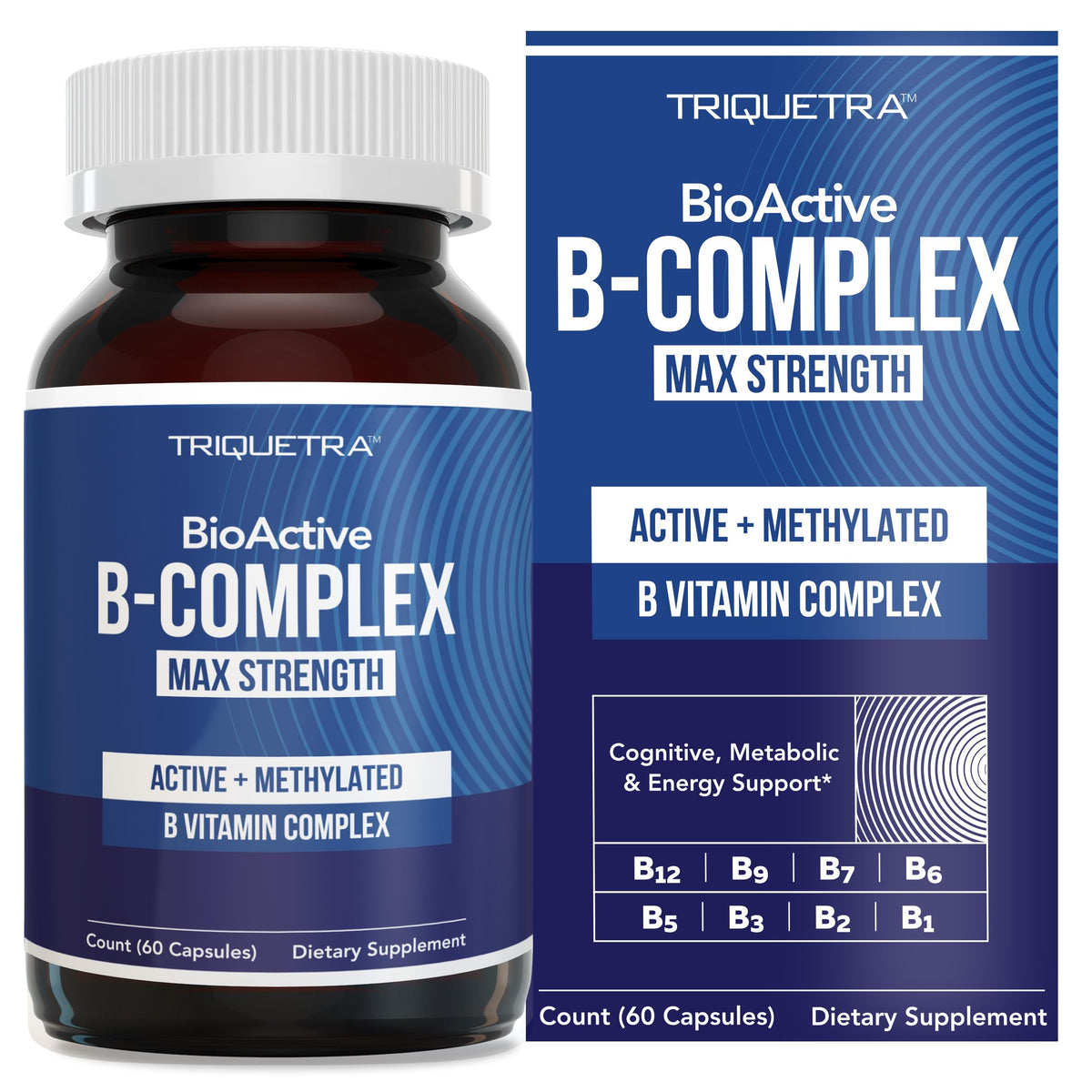 Triquetra Health BioActive B Complex bottle highlights methylated vitamins for enhanced absorption and energy support.