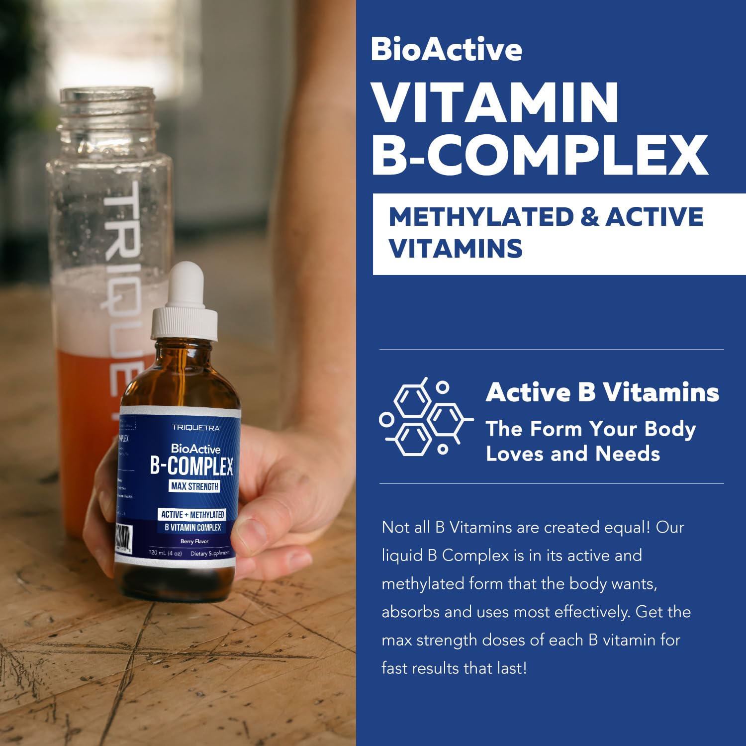 Triquetra Health BioActive B Complex label details methylated B vitamins for quick absorption.