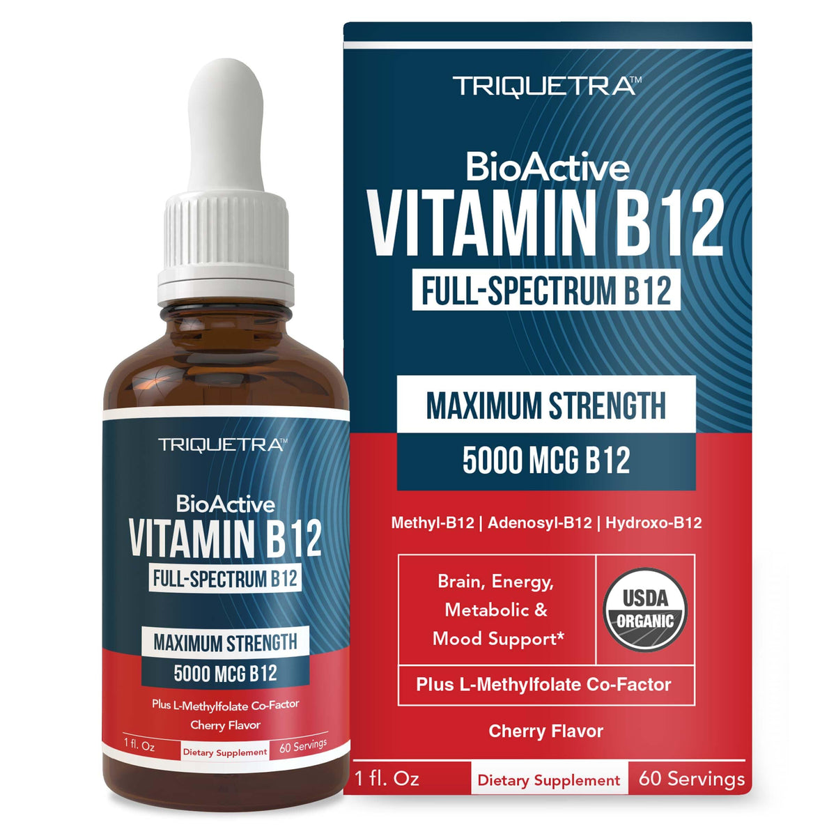 Triquetra Health BioActive B12 bottle shows 5000 mcg formula for daily support.