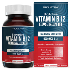 Triquetra Health BioActive B12 bottle highlights high-potency formula for energy support.
