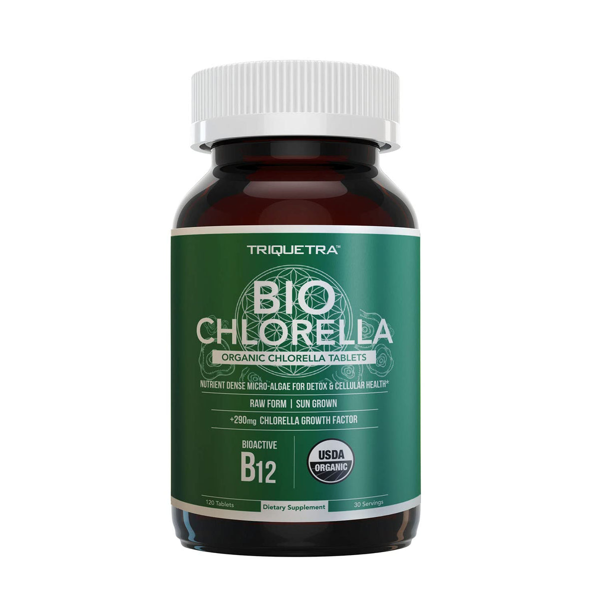 Triquetra Health BioChlorella broken-cell-wall tablets for enhanced absorption.