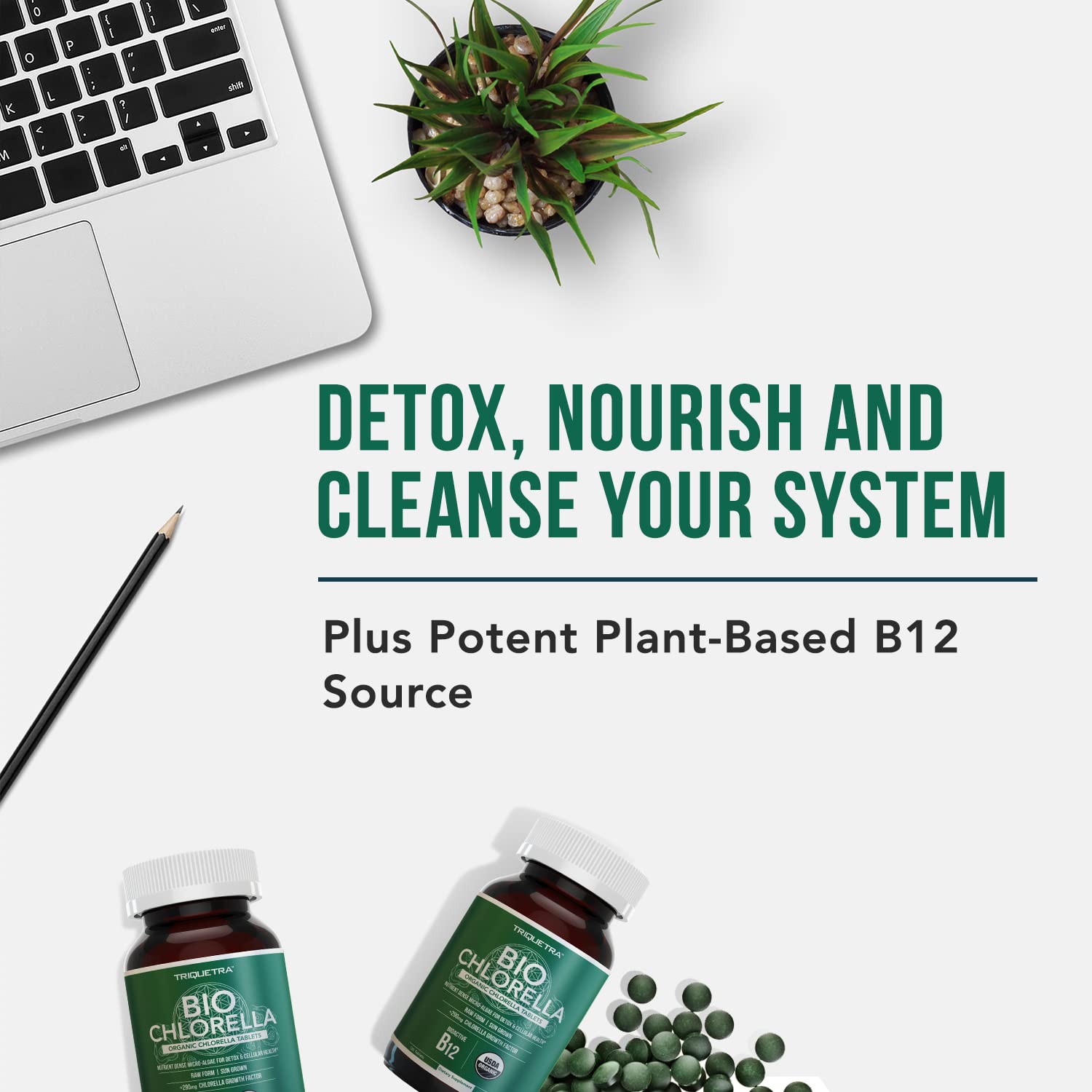 Triquetra Health BioChlorella CGF-rich tablets highlighting high CGF content.