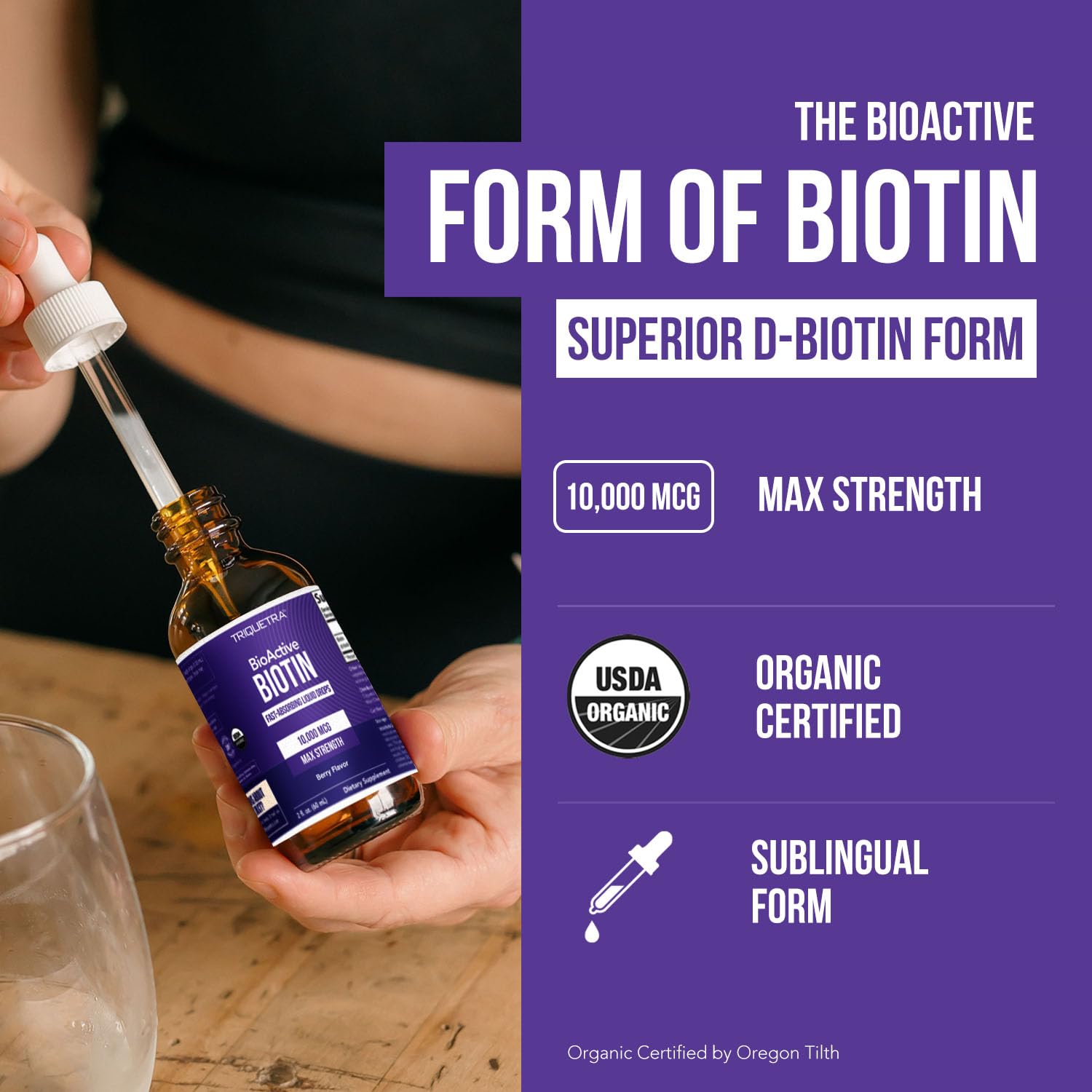 Triquetra Health Biotin liquid sublingual dropper for quick absorption.