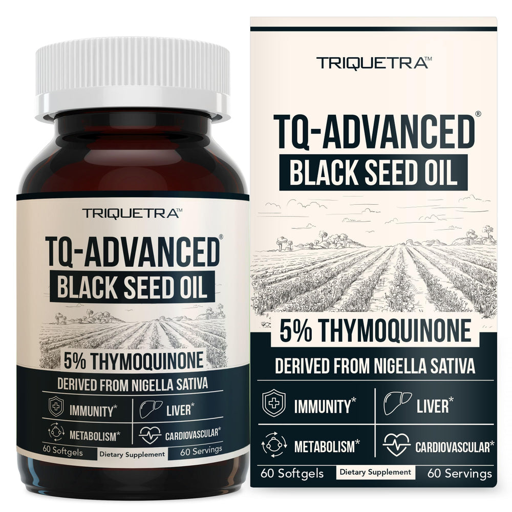 Triquetra Health black seed oil softgels bottle showing potent TQ-Advanced formula for daily use.