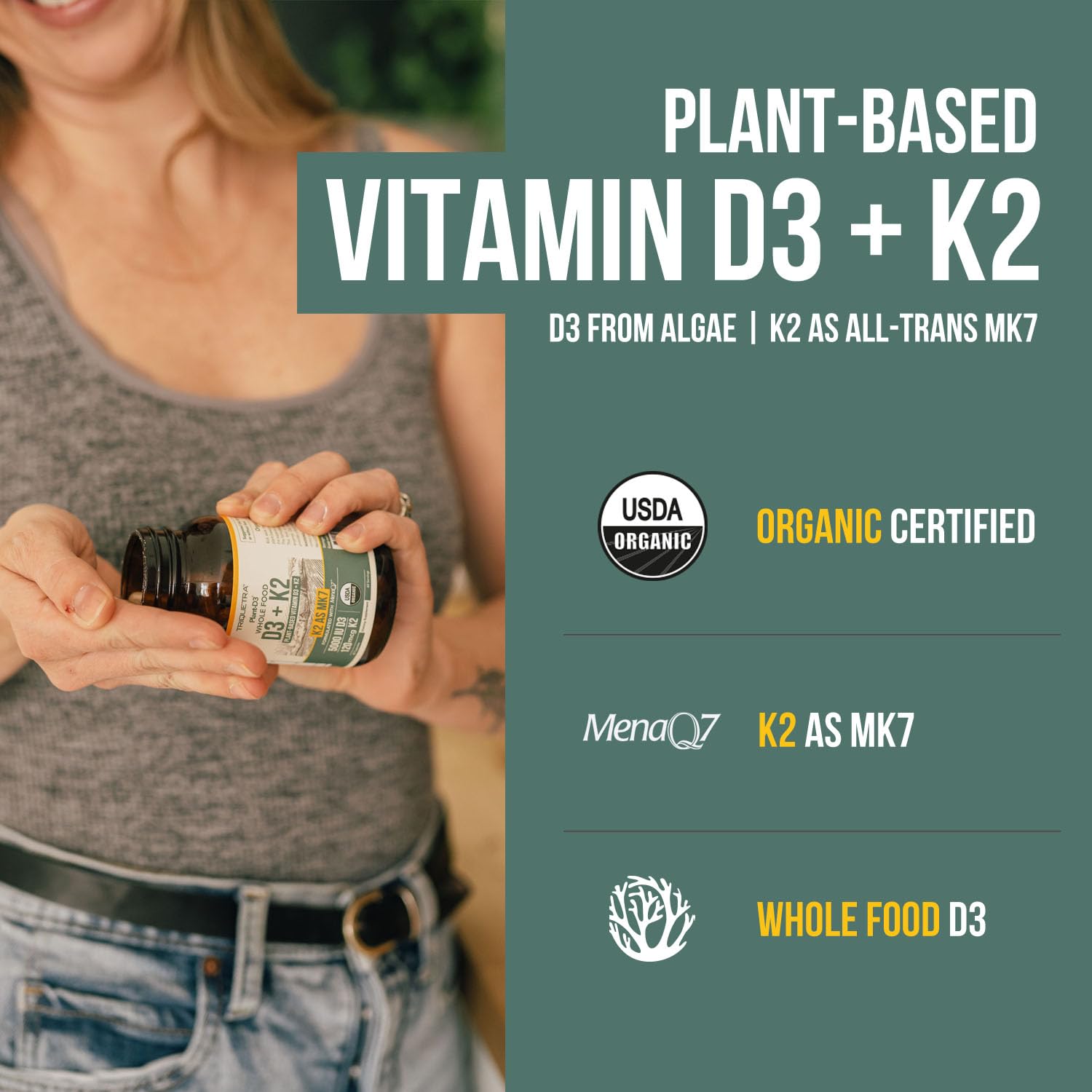 Triquetra Health D3 5000 IU and K2 120 mcg label; potent daily dose visual.