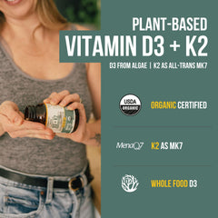 Triquetra Health D3 5000 IU and K2 120 mcg label; potent daily dose visual.
