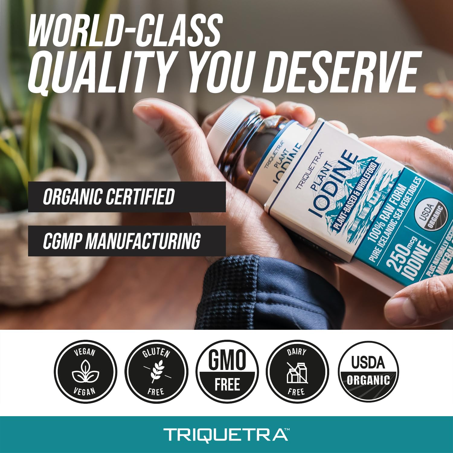 Lifestyle shot with Triquetra Health iodine supplement suggesting easy daily use