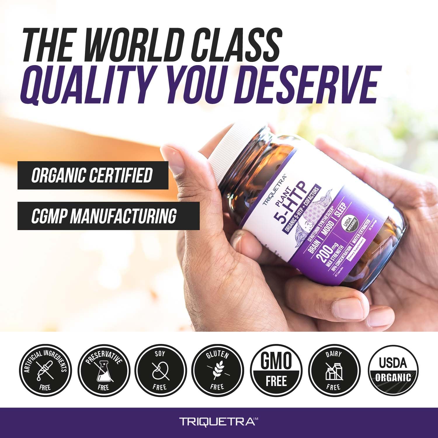 Triquetra Health 5-HTP supplement arranged for daily routine.