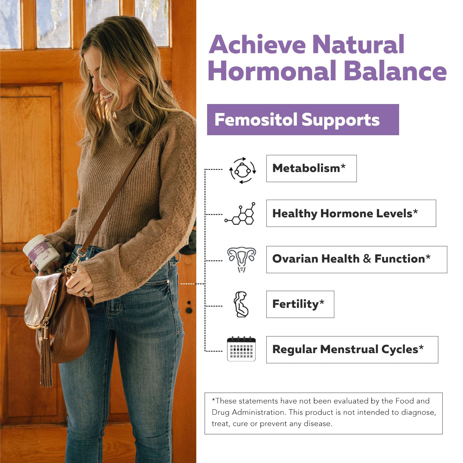 Vegan and gluten-free badge on FemoSitol packaging for clean selection