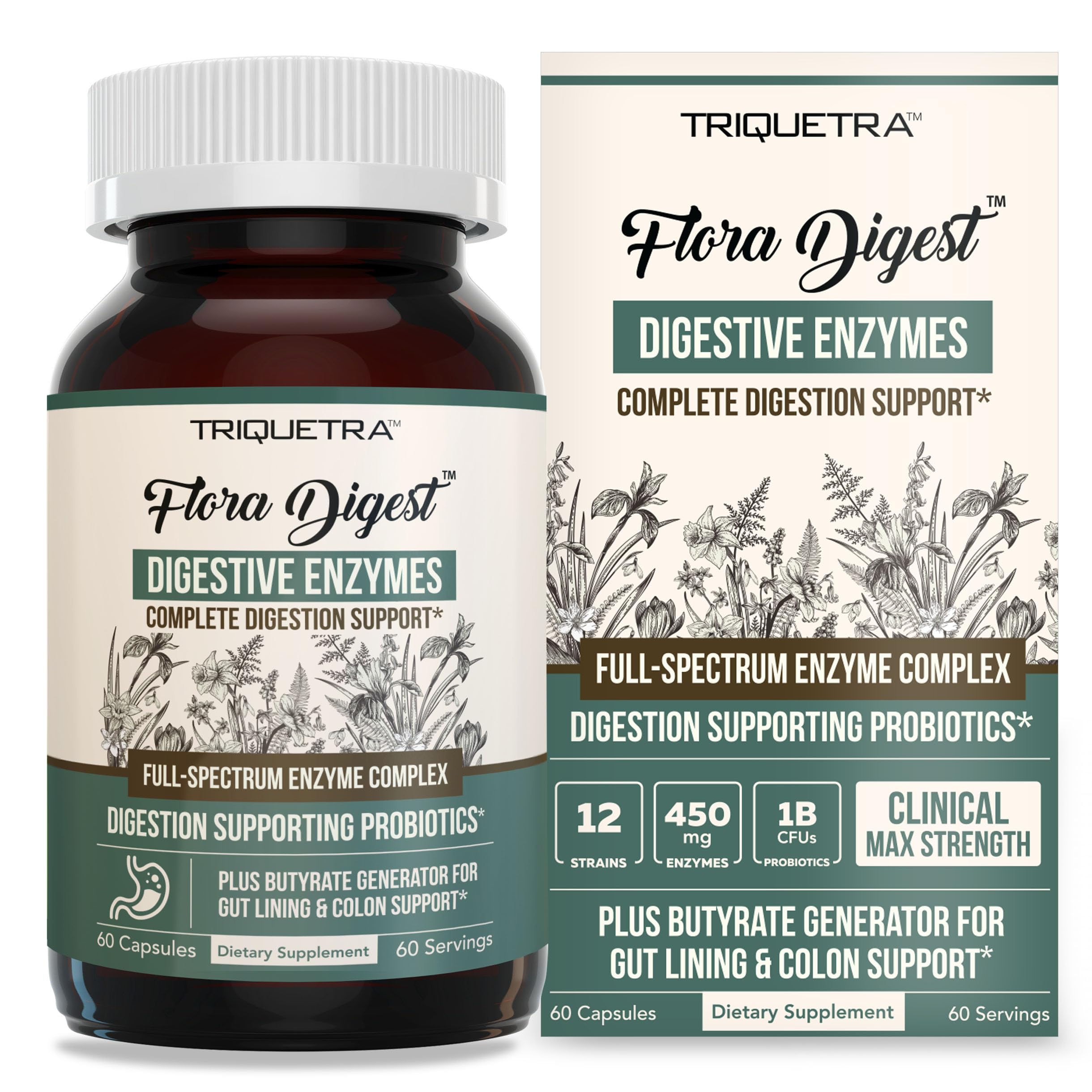Triquetra Health Flora Digest bottle front view showing product in daily use context