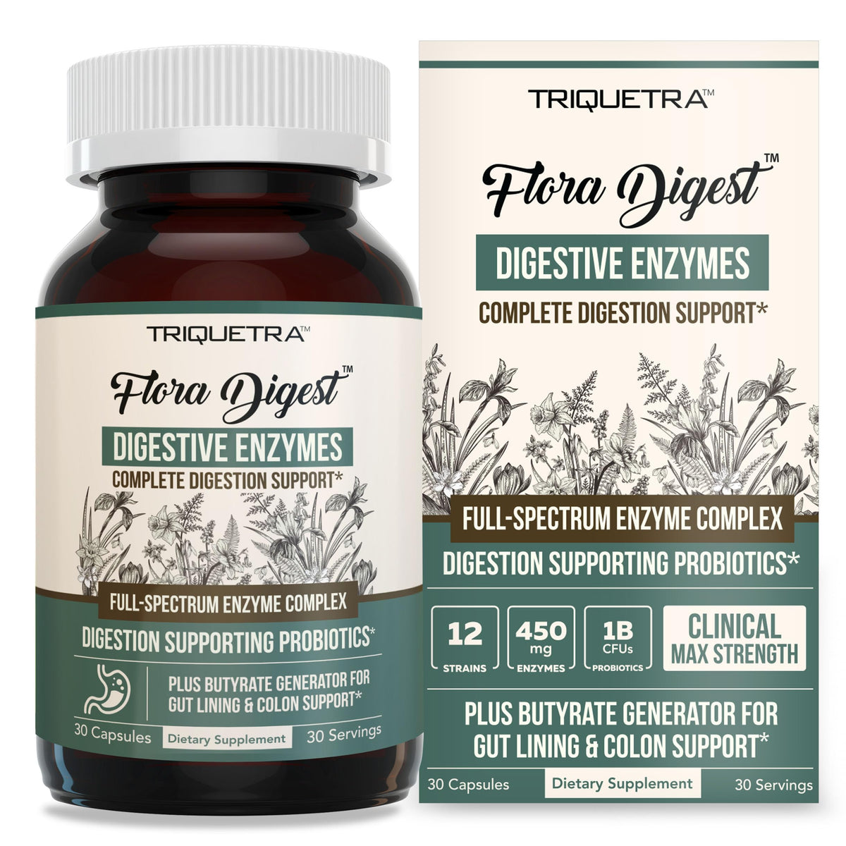 Triquetra Health Flora Digest bottle for daily digestive support.
