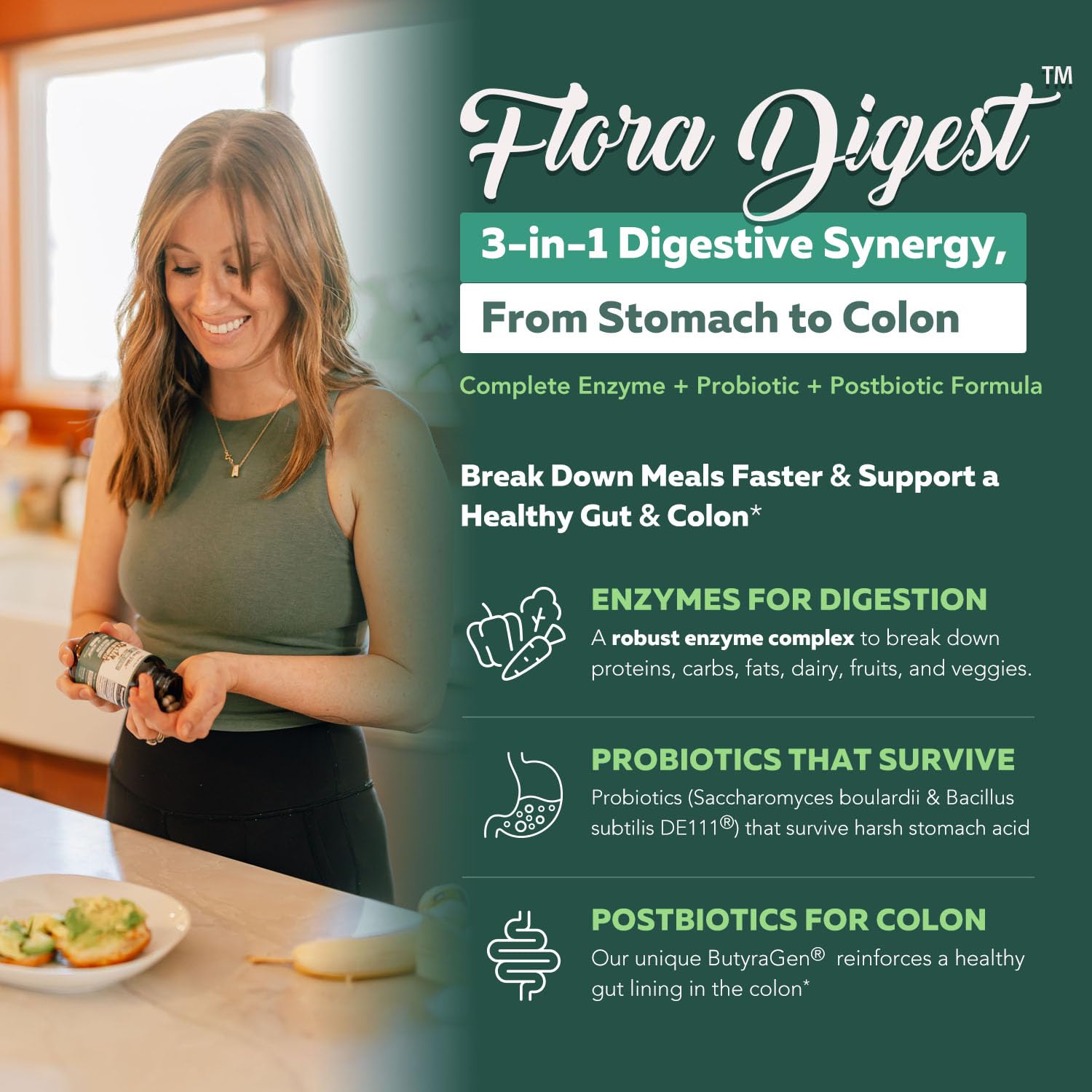 Triquetra Health Flora Digest capsules closeup for easy dosing.