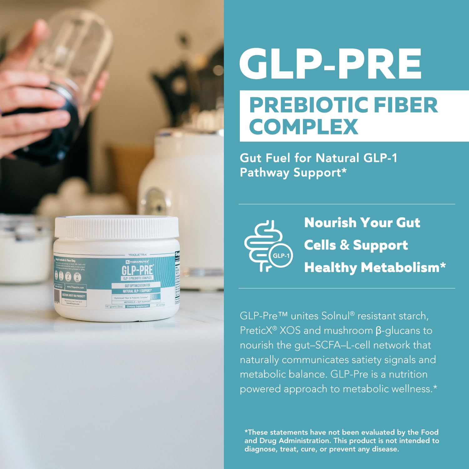 Triquetra Health GLP-Pre packaging front highlighting premium prebiotic blend for metabolic wellness.