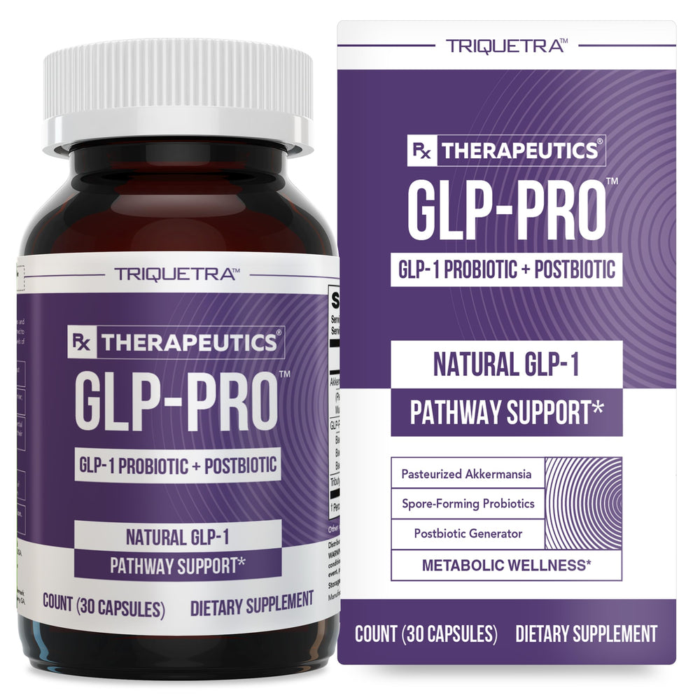 Triquetra Health GLP-Pro bottle pours capsules, convenient for daily use.