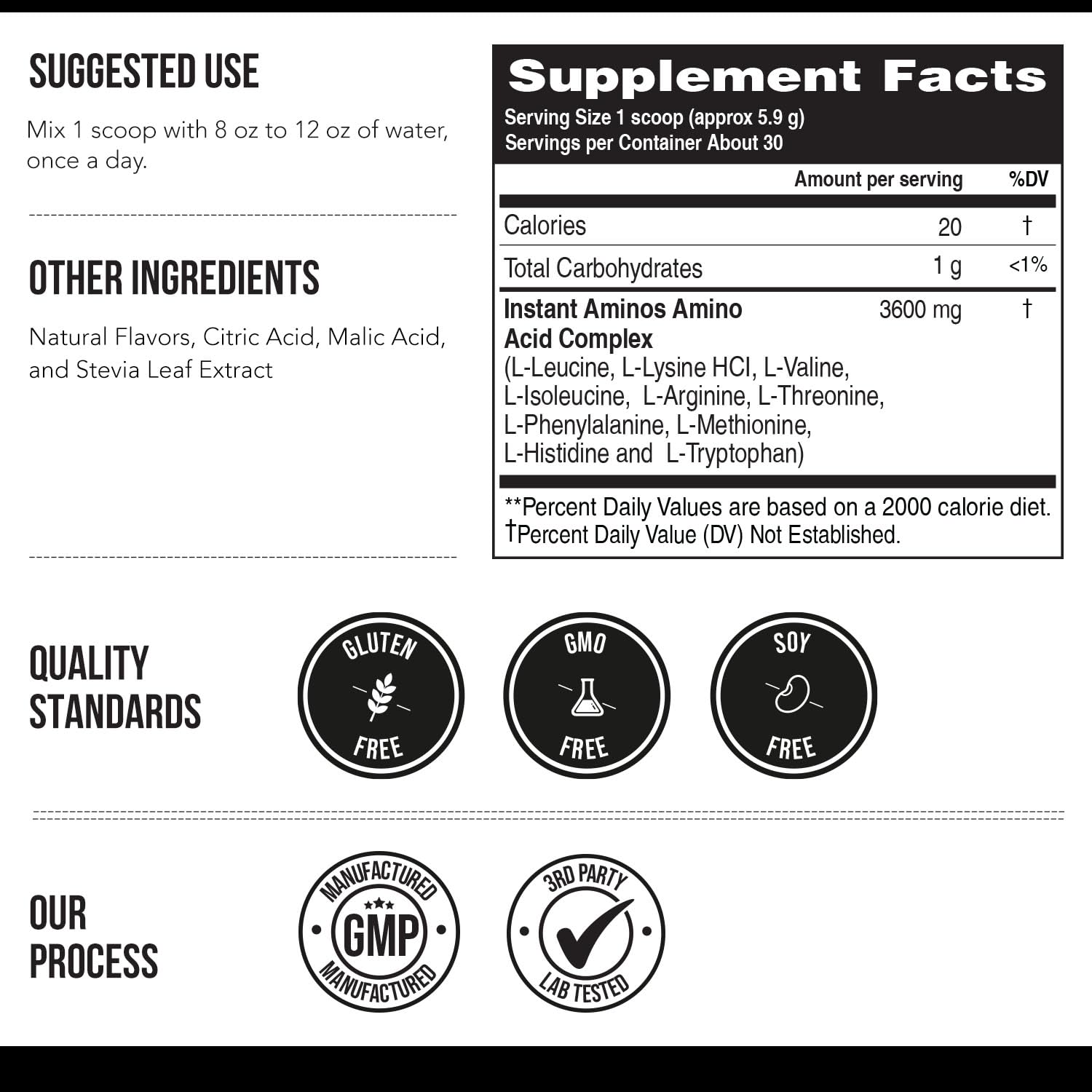 Triquetra Health Instant Aminos ingredient panel close-up highlights free-form EAAs.