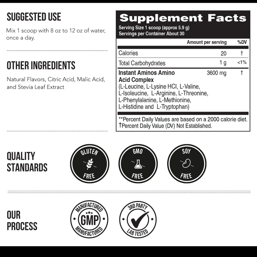 Triquetra Health Instant Aminos ingredient panel close-up highlights free-form EAAs.