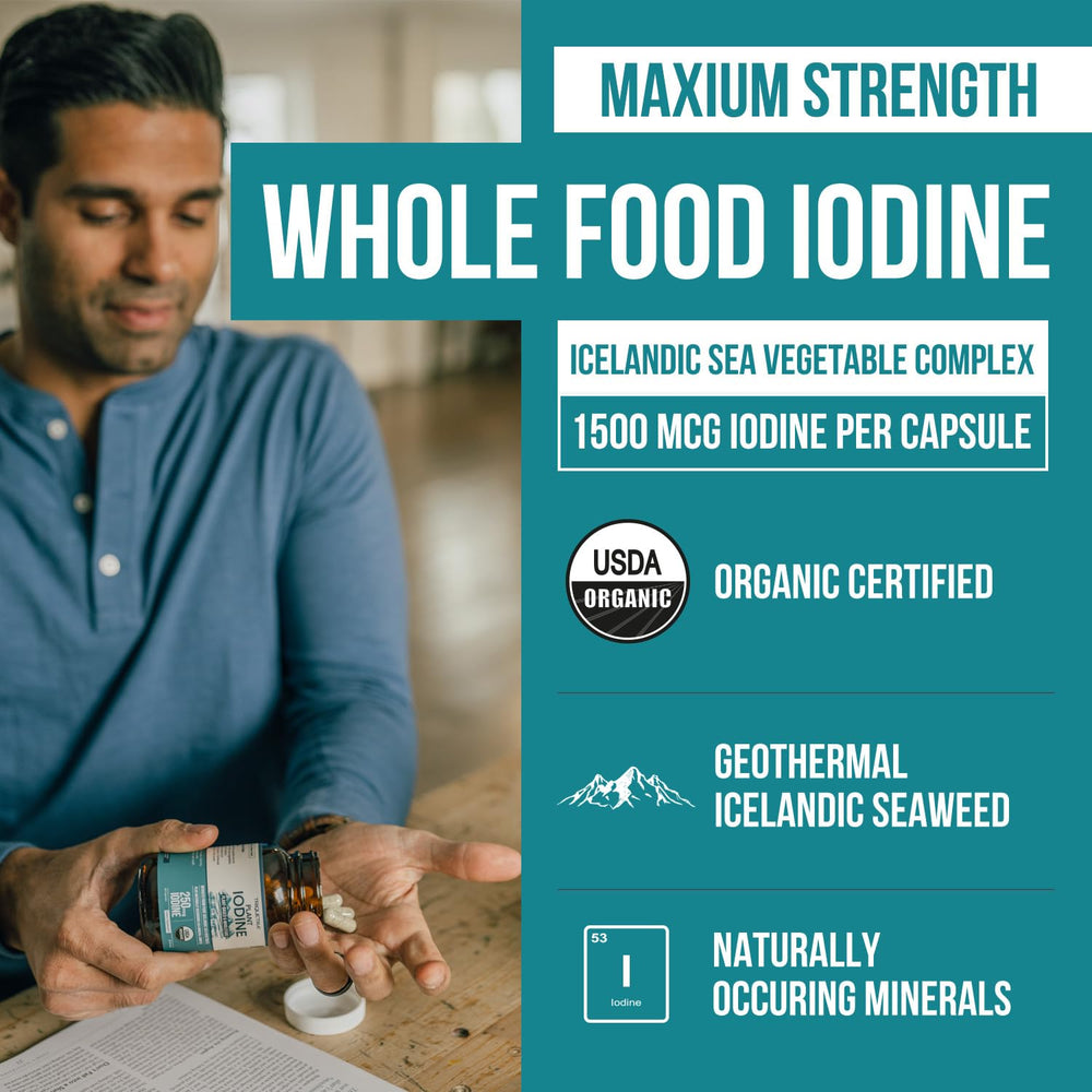 Close-up of Triquetra Health iodine capsules highlighting easy-to-swallow design.