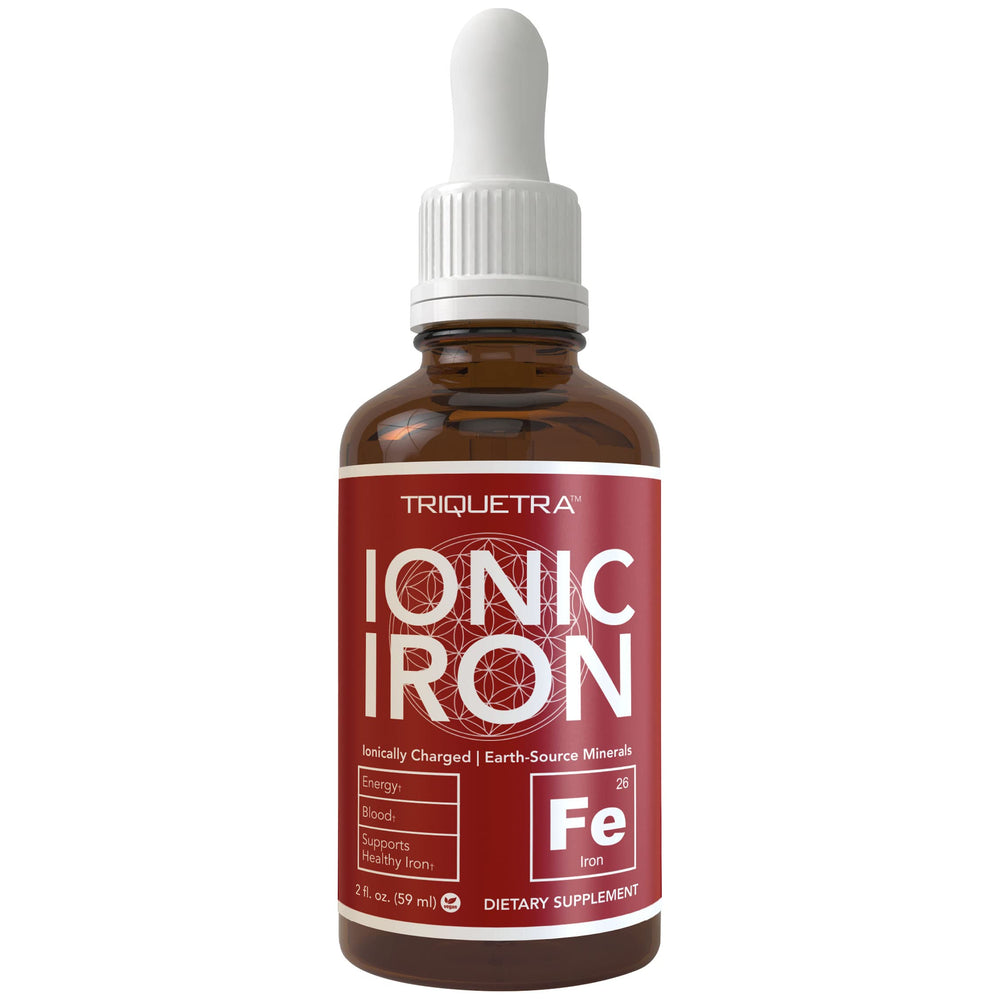 Triquetra Health ionic iron bottle front view highlighting vegan, highly bioavailable mineral supplement.