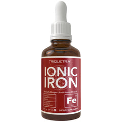 Triquetra Health ionic iron bottle front view highlighting vegan, highly bioavailable mineral supplement.