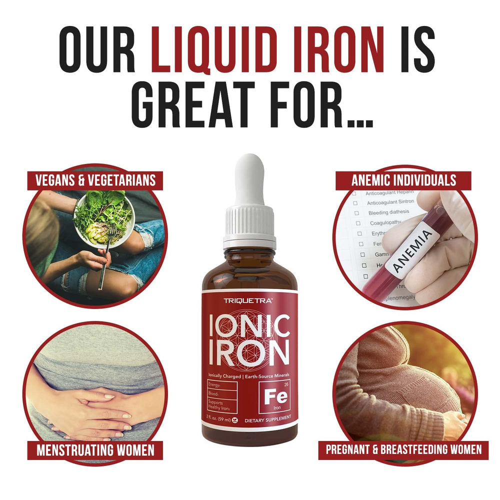 Triquetra Health ionic iron ingredients panel highlights earth-sourced minerals.